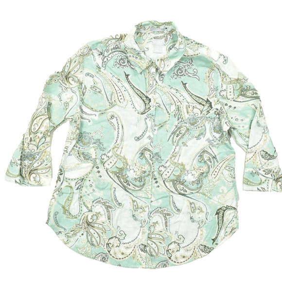 Chico's No-Iron FreshChic Paisley Linen Top Regular Size 1 (8/10) Button Up - Picture 1 of 8